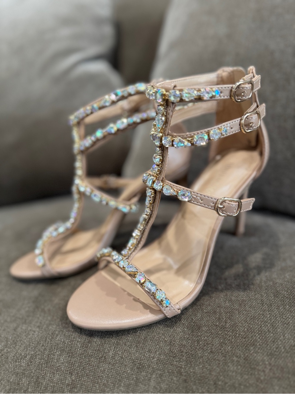 Nude Thalia Sodi Shyla Crystal Embellished Strappy Heels